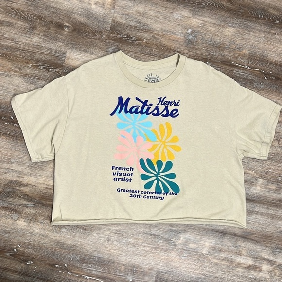 Henri Matisse Leaves Graphic Tee Neutral Cropped Rolled Hem T Shirt Size Large - Picture 4 of 9